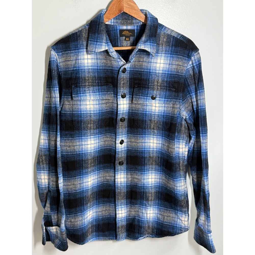 LL Bean Signature Mens Flannel Shirt Medium Tall Blue Black Plaid Button Down